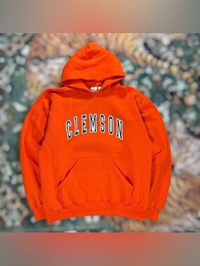 Vintage 90s Clemson University Hoodie Fleece Pullover Orange Graphic Large
